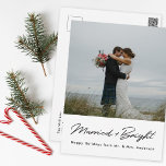 Modern Minimal Married and Bright Newlywed Photo Postcard<br><div class="desc">Custom-designed newlywed Christmas postcards featuring modern black and white hand-lettering design with your personalized holiday greeting message.</div>