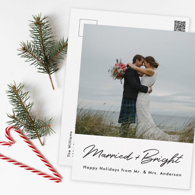 Modern Minimal Married and Bright Newlywed Photo Postcard (Creator Uploaded)