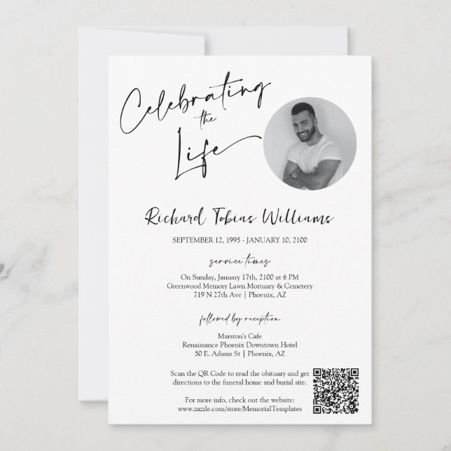 Modern Minimal Memorial Funeral Photo QR Code  Invitation (Front)