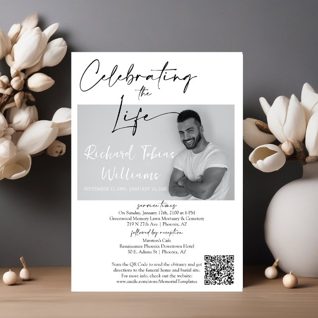 Modern Minimal Memorial Photo QR Code Funeral Invitation (Creator Uploaded)