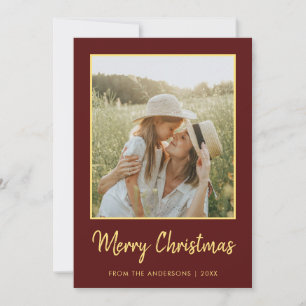 Modern Minimal Merry Christmas Burgundy and Gold Holiday Card