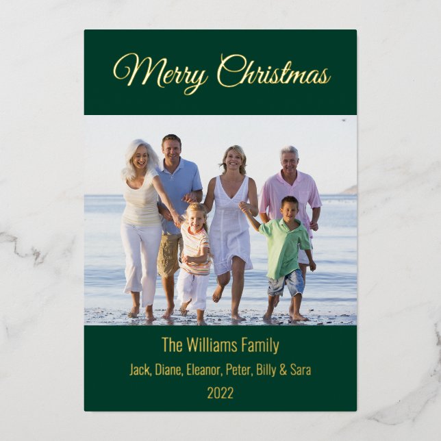 Modern Minimal Merry Christmas Family Photo Foil Holiday Card (Front)
