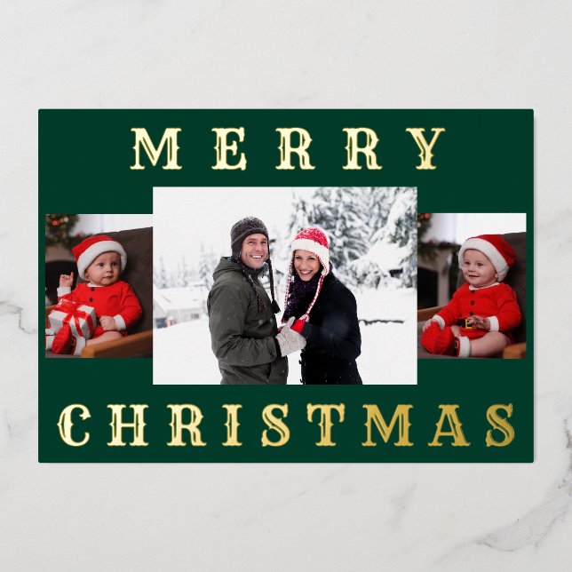Modern Minimal Merry Christmas Family Photo Green Foil Holiday Card (Front)