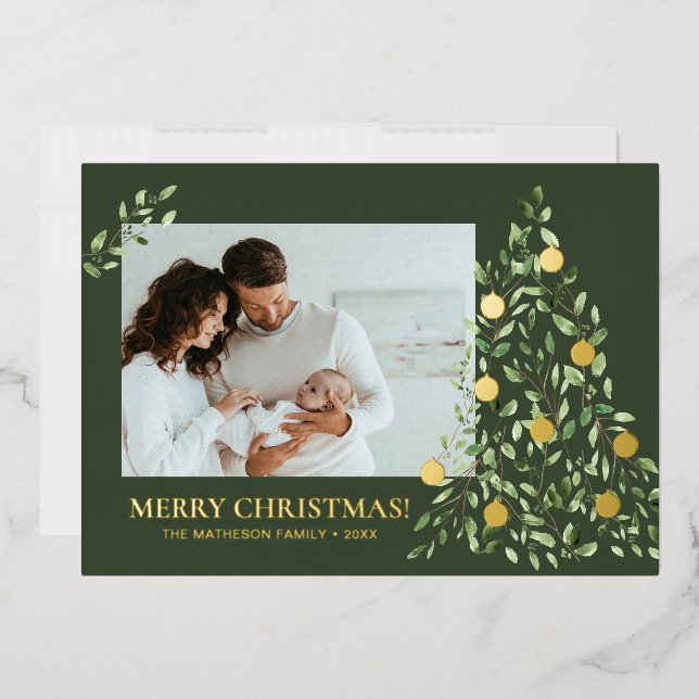 Modern Minimal Merry Christmas Foliage Green Gold Foil Holiday Card (Envelope)