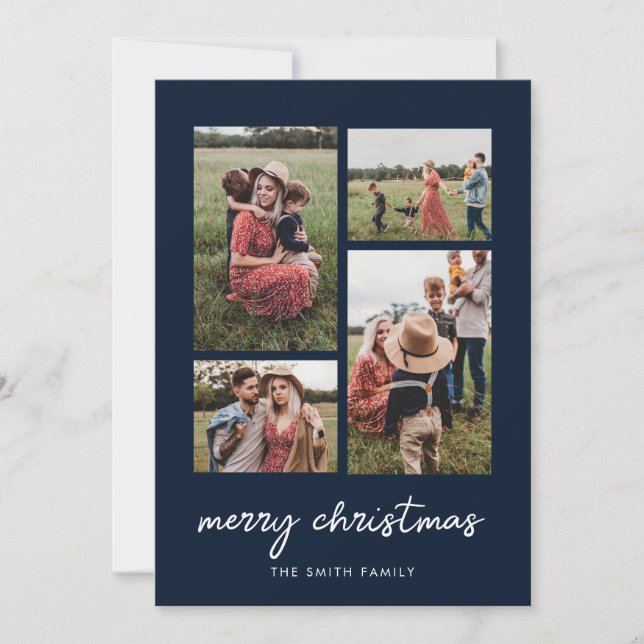 Modern Minimal Merry Christmas Four Photo Collage Holiday Card (Front)