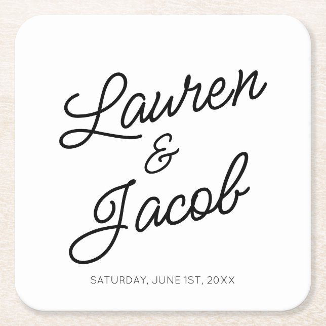 Modern Minimal Minimalist Black and White Wedding Square Paper Coaster (Front)