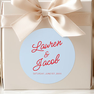 Modern Minimal Minimalist Blue and Red Wedding Classic Round Sticker
