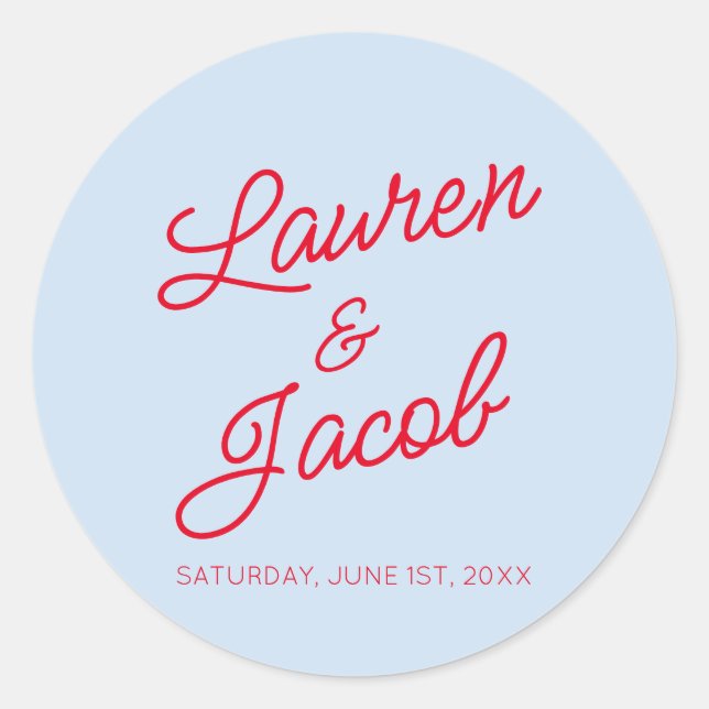 Modern Minimal Minimalist Blue and Red Wedding Classic Round Sticker (Front)