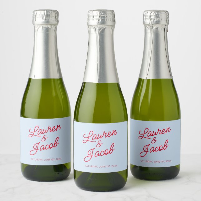 Modern Minimal Minimalist Blue Red Wedding Mini Sparkling Wine Label (Bottles)