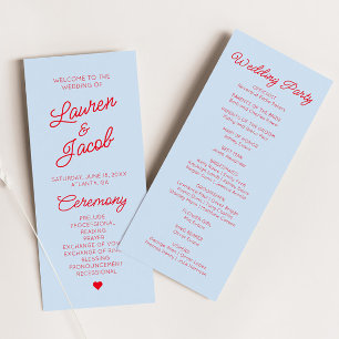 Modern Minimal Minimalist Blue Red Wedding Program