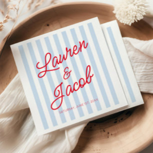 Modern Minimal Minimalist Blue Stripes Red Wedding Napkin
