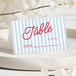 Modern Minimal Minimalist Blue Stripes Red Wedding Place Card