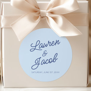 Modern Minimal Minimalist Blue Wedding Classic Round Sticker