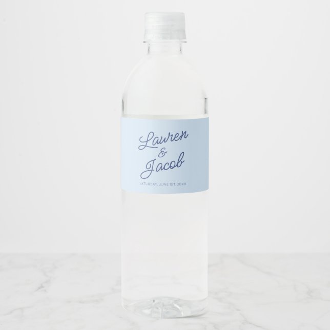 Modern Minimal Minimalist Blue Wedding Water Bottle Label (Front)