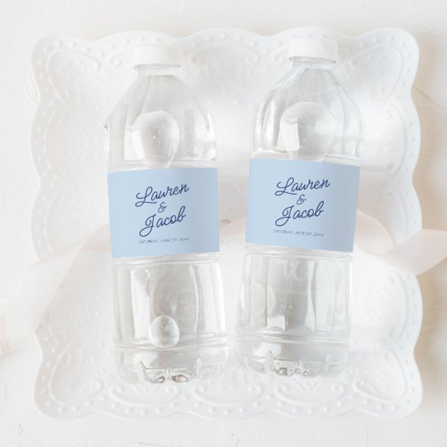 Modern Minimal Minimalist Blue Wedding Water Bottle Label (Creator Uploaded)