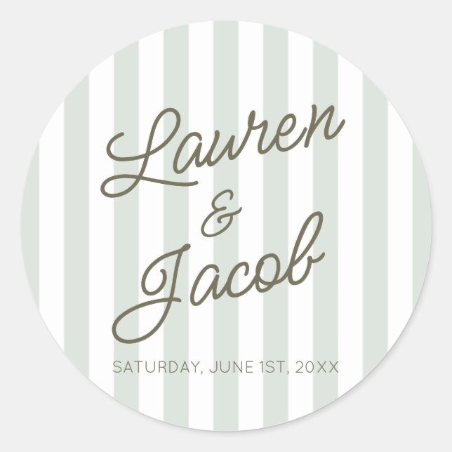 Modern Minimal Minimalist Green Stripes Wedding Classic Round Sticker (Front)