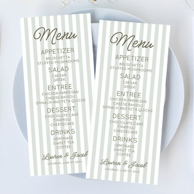 Modern Minimal Minimalist Green Stripes Wedding Menu (Creator Uploaded)