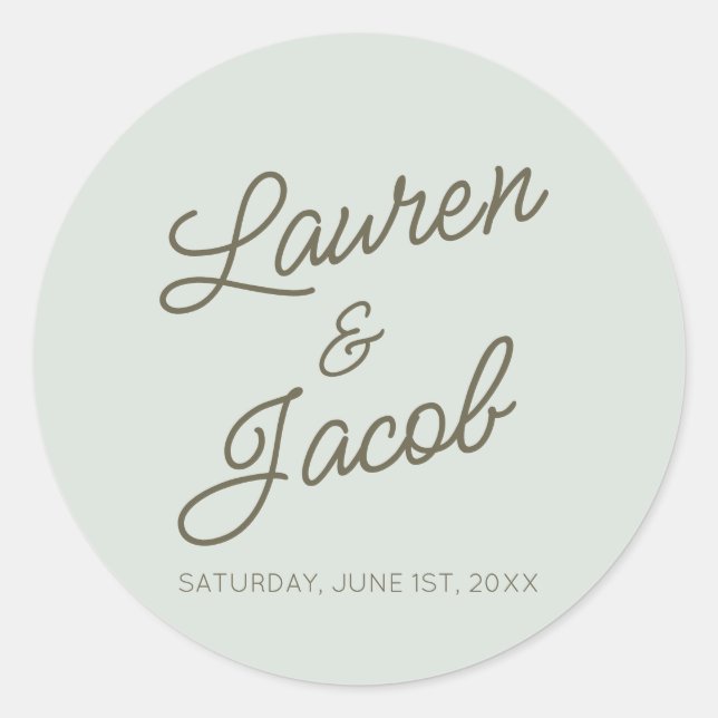 Modern Minimal Minimalist Green Wedding Classic Round Sticker (Front)