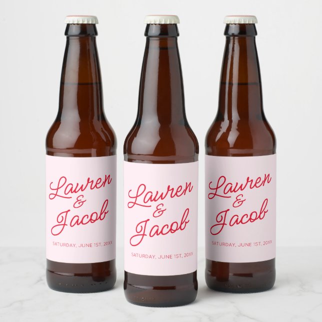Modern Minimal Minimalist Pink and Red Wedding Beer Bottle Label (Bottles)