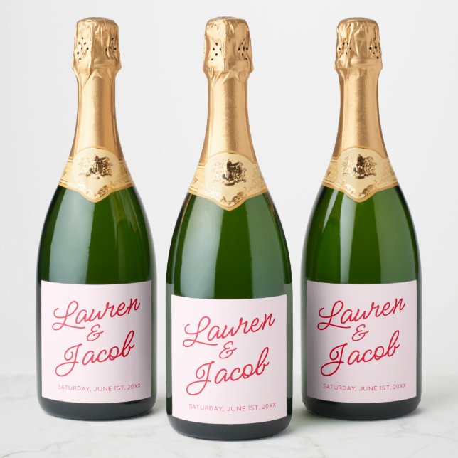 Modern Minimal Minimalist Pink and Red Wedding Sparkling Wine Label (Bottles)