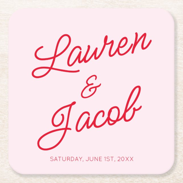 Modern Minimal Minimalist Pink and Red Wedding Square Paper Coaster (Front)