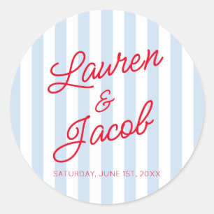 Modern Minimal Minimalist Red Blue Stripes Wedding Classic Round Sticker