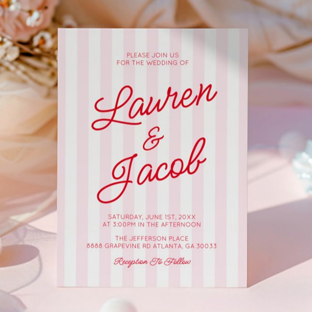 Modern Minimal Minimalist Red Pink Stripes Wedding Invitation (Creator Uploaded)