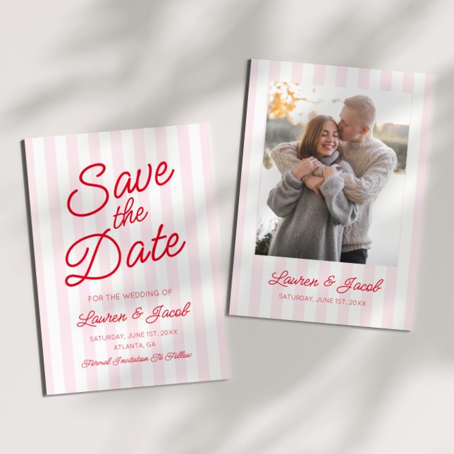 Modern Minimal Minimalist Red Pink Stripes Wedding Save The Date (Creator Uploaded)