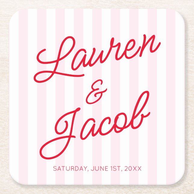 Modern Minimal Minimalist Red Pink Stripes Wedding Square Paper Coaster (Front)
