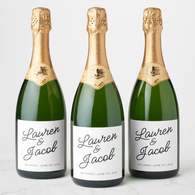 Modern Minimal Minimalist White Black Wedding Sparkling Wine Label (Bottles)