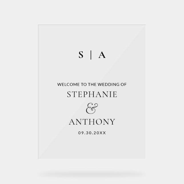 Modern Minimal Monogram Black and White Wedding   Acrylic Sign (Front)