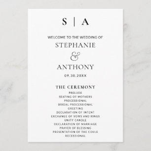 Modern Minimal Monogram Black and White Wedding  Program