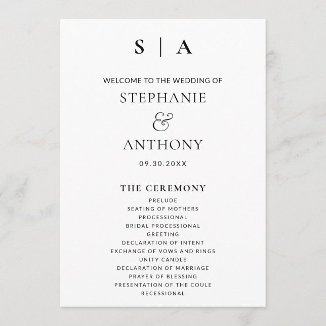 Modern Minimal Monogram Black and White Wedding  Program (Front)