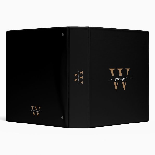Modern Minimal Monogram Black Gold Script Name Binder (Background)