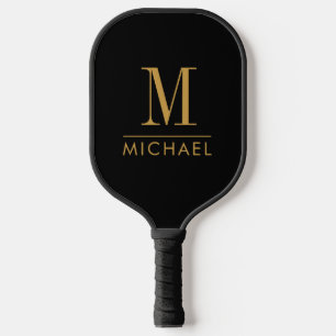 Modern Minimal Monogram Gold Name Custom Black  Pickleball Paddle