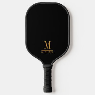 Modern Minimal Monogram Gold Name Custom Black  Pickleball Paddle