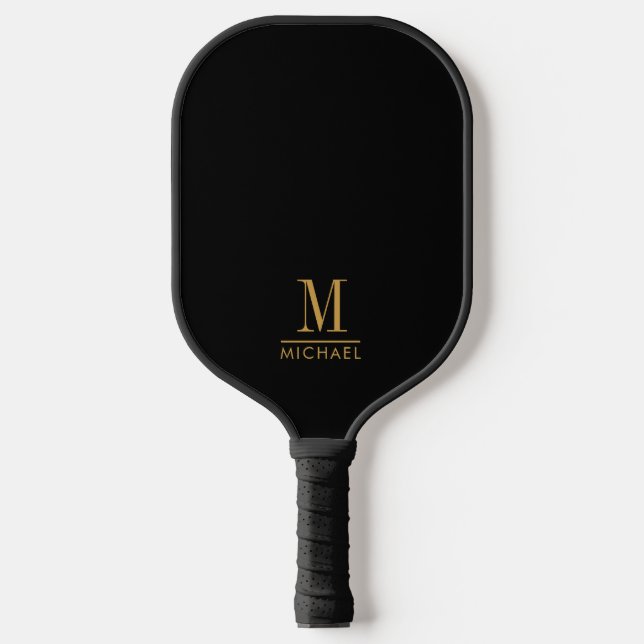 Modern Minimal Monogram Gold Name Custom Black  Pickleball Paddle (Front)