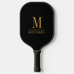 Modern Minimal Monogram Gold Name Custom Black  Pickleball Paddle