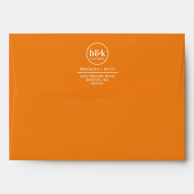 Modern Minimal Monogram Initials Orange Wedding En Envelope (Back (Top Flap))