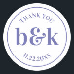 Modern Minimal Monogram Initials PURPLE Wedding Classic Round Sticker<br><div class="desc">Modern,  minimal,  minimalist wedding design with big bold letters in orange tone colour lilac mauve (colour,  font,  text,  size can be changed).  Thank you  with date and bride and groom monograms (initials).  Perfect for that young couple; fall/autumn wedding.</div>