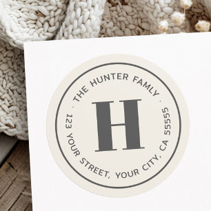 Modern minimal monogram light tan return address classic round sticker
