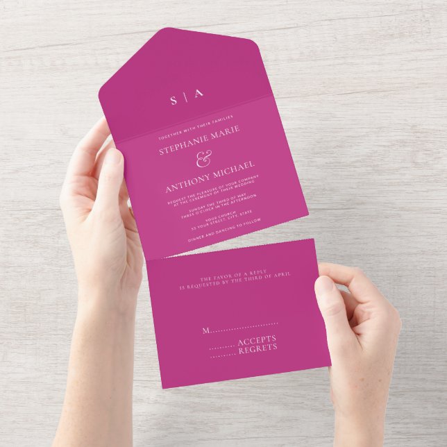 Modern Minimal Monogram Magenta and White Wedding  All In One Invitation (Tearaway)