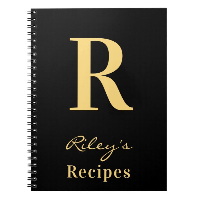 Modern Minimal Monogram Name Black Gold Recipe Notebook (Front)