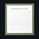 Modern Minimal Monogram Name Olive Notepad<br><div class="desc">A professional lined notepad with a minimalist design in an olive green and white color palette. Custom monogram initial and name on a simple white background,  framed by an olive border. Personalize using the fields provided or use the 'message' button to contact the designer for help.</div>