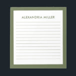 Modern Minimal Monogram Name Olive Notepad<br><div class="desc">A professional lined notepad with a minimalist design in an olive green and white color palette. Custom monogram initial and name on a simple white background, framed by an olive border. Personalize using the fields provided or use the 'message' button to contact the designer for help.</div>