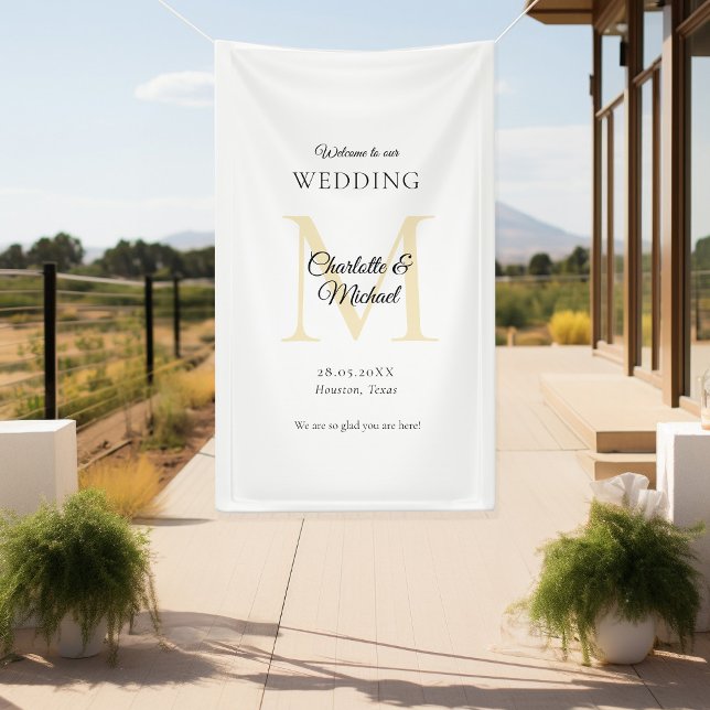 Modern Minimal Monogram Wedding Welcome  Banner (Modern, Minimal, Monogram, Luxury, White-Beige, Wedding Welcome Banner.)