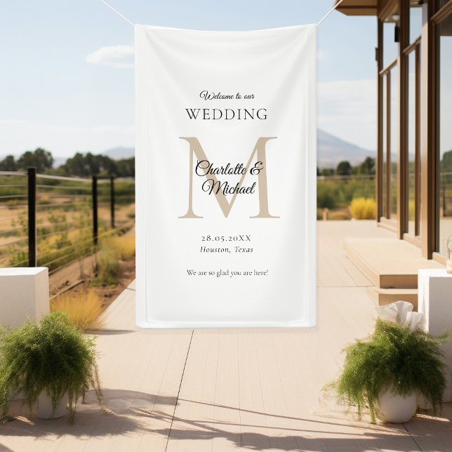 Modern Minimal Monogram Wedding Welcome  Banner (Modern, Minimal, Monogram, Luxury, White-Brown, Wedding Welcome Banner.)