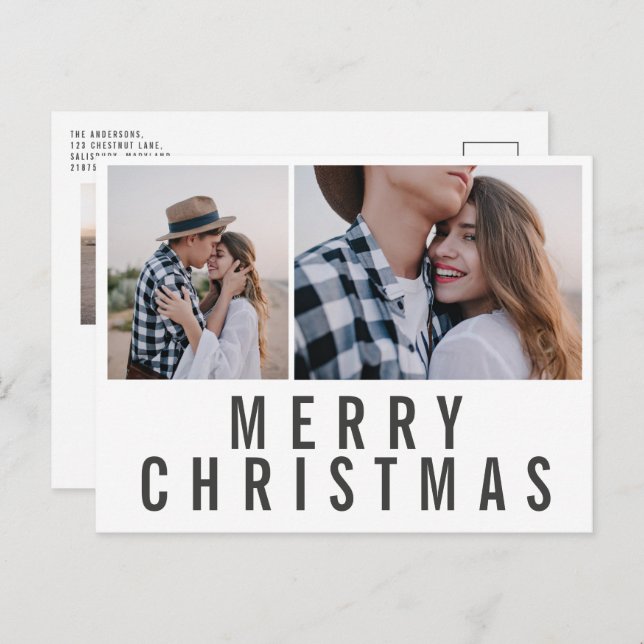 Modern minimal multi photo black white christmas postcard (Front/Back)