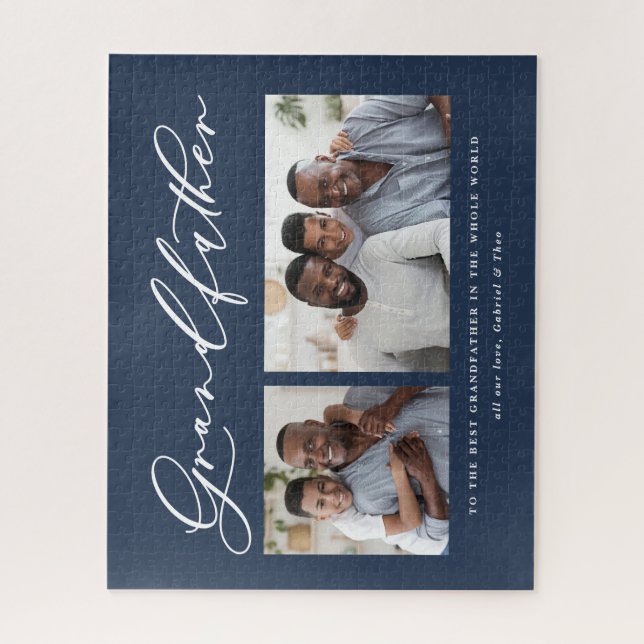 Modern minimal multi photo script grandfather gift jigsaw puzzle (Vertical)