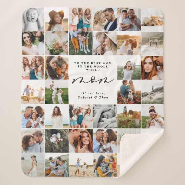 Modern minimal multi photo script mom sherpa blanket (Front)